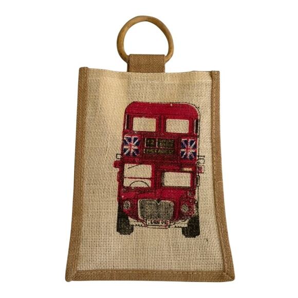 London Double Decker Bus Burlap Mini Bag in Beige - Picture 2 of 3